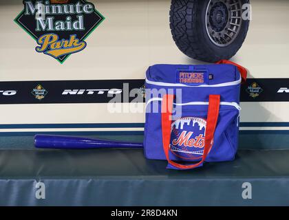 HOUSTON, TX - JUNE 19: New York Mets gear bag rests near the visitors'  dugout during the MLB game between the New York Mets and Houston Astros on  June 19, 2023 at