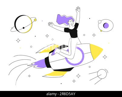 Woman flying on rocket line concept Stock Vector