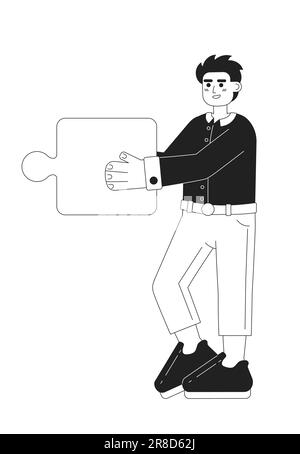 Smiling blond man holding jigsaw monochromatic flat vector character Stock Vector