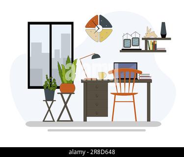 Workplace interior. Desk with drawers, table lamp, laptop and books. Flowers in pots on the background of the window. For brochures, flyers, flyers an Stock Vector