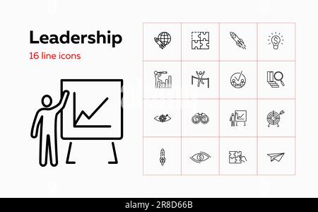 Leadership line icon set. Meeting, startup, map location. Business concept. Can be used for topics like startup, management, achieving goals Stock Vector