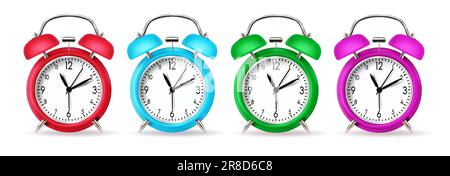 School alarm clock vector set design. Alarm clock and timer in red, blue, green and purple elements isolated in white background. Vector illustration Stock Vector