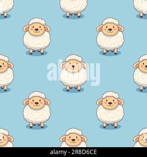 Vector Seamless Pattern with Funny Cute Sheep on Blue Background. Cartoon Sheep Seamless Texture, Textile, Wallpaper Design for Kids. Seamless Texture Stock Vector