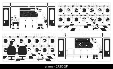 Rail travel, laundromat black and white lo fi chill wallpaper set Stock Vector