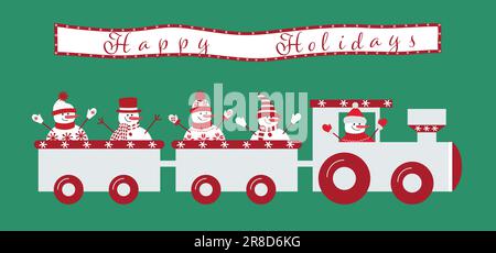 Christmas train with snowmen. Poster "Happy Holidays". Template for greeting card. Vector illustration Stock Vector