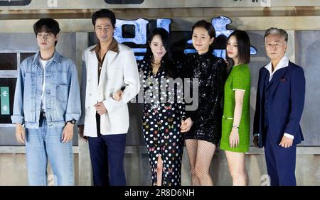 Seoul, South Korea. 20th June, 2023. (L to R) South Korean actors Park Jung-min, Zo In-sung, Kim Hye-soo, Yum Jung-ah, Go Min-si and Kim Jong-soo, photocall for the Film Smuggling press conference in Seoul, South Korea on June 13, 2023. The film will open on July 28. (Photo by Lee Young-ho/Sipa USA) Credit: Sipa USA/Alamy Live News Stock Photo