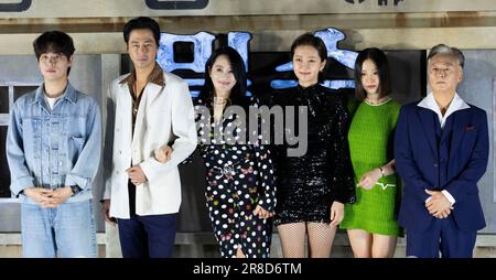 Seoul, South Korea. 20th June, 2023. (L to R) South Korean actors Park Jung-min, Zo In-sung, Kim Hye-soo, Yum Jung-ah, Go Min-si and Kim Jong-soo, photocall for the Film Smuggling press conference in Seoul, South Korea on June 13, 2023. The film will open on July 28. (Photo by Lee Young-ho/Sipa USA) Credit: Sipa USA/Alamy Live News Stock Photo