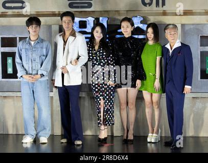 Seoul, South Korea. 20th June, 2023. (L to R) South Korean actors Park Jung-min, Zo In-sung, Kim Hye-soo, Yum Jung-ah, Go Min-si and Kim Jong-soo, photocall for the Film Smuggling press conference in Seoul, South Korea on June 13, 2023. The film will open on July 28. (Photo by Lee Young-ho/Sipa USA) Credit: Sipa USA/Alamy Live News Stock Photo