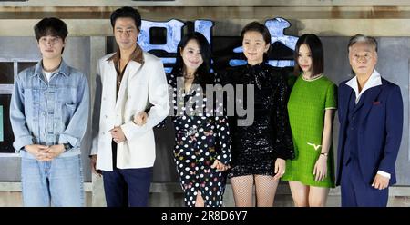 Seoul, South Korea. 20th June, 2023. (L to R) South Korean actors Park Jung-min, Zo In-sung, Kim Hye-soo, Yum Jung-ah, Go Min-si and Kim Jong-soo, photocall for the Film Smuggling press conference in Seoul, South Korea on June 13, 2023. The film will open on July 28. (Photo by Lee Young-ho/Sipa USA) Credit: Sipa USA/Alamy Live News Stock Photo