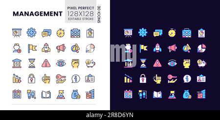 Management pixel perfect light and dark theme color icons set Stock Vector