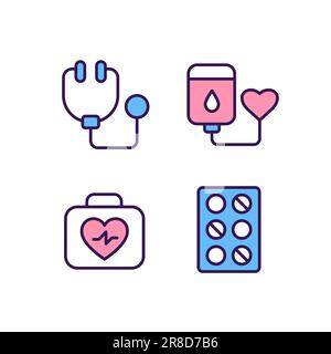 Hospital treatment pixel perfect RGB color icons set Stock Vector