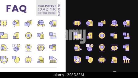 FAQ pixel perfect light and dark theme color icons set Stock Vector