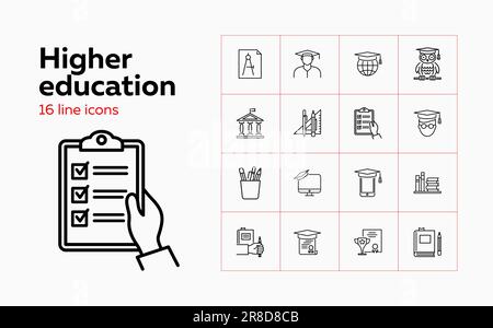 Higher education line icon set. Owl, graduation cap, diploma. Studying concept. Can be used for topics like college, honor degree, learning Stock Vector
