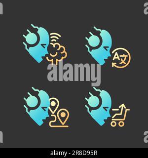 Machine learning usage gradient glyph icons set with lineart for dark theme Stock Vector