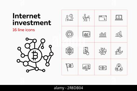 Internet investment icon set. Set of line icons on white background. Bitcoin, gear, internet. Crypto currency concept. Vector illustration can be used Stock Vector
