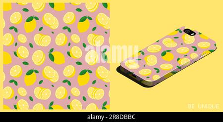 Modern smartphone in unique case decorated seamless pattern with whole lemon with piece of citrus. Lemon with zest and leaves. Isometric top view. Vec Stock Vector