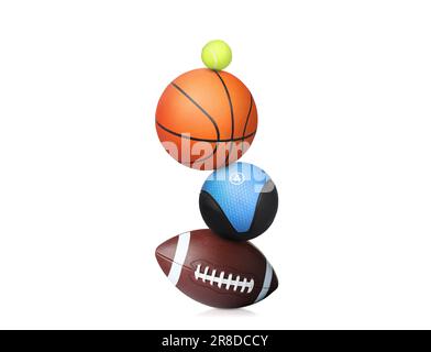 Stack of different sport and medicine balls on white background Stock Photo