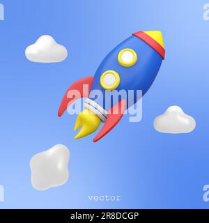 Vector 3D flying space rocket. Spaceship launch. Rocket flying over cloud. Business, startup concept. Vector 3d illustration on blue background. Stock Vector