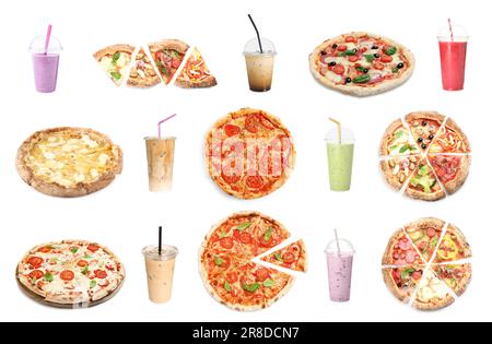 Collage with different delicious pizzas and drinks on white background Stock Photo