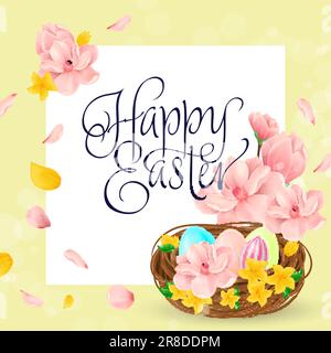 Happy Easter lettering with tender flowers Stock Vector