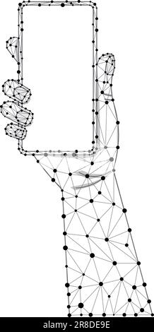 Hand holds wireframe mobile phone low poly style vector illustration. Line with dot smartphone device in hand isolated on white background. Polygonal Stock Vector