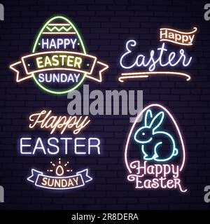 Happy Easter neon lettering with bunny Stock Vector