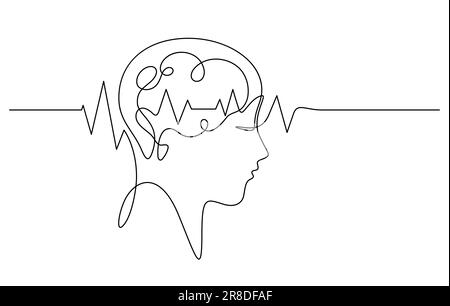 brain waves pulse in human head scan one line vector illustration Stock Vector