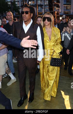 Paris, France. 20/06/2023, Jay-Z and Beyonce attend the Louis Vuitton  Spring/Summer 2024 fashion show during the Paris Fashion Week menswear  spring/summer 2024 on June 20, 2023 in Paris, France. Photo by Jerome