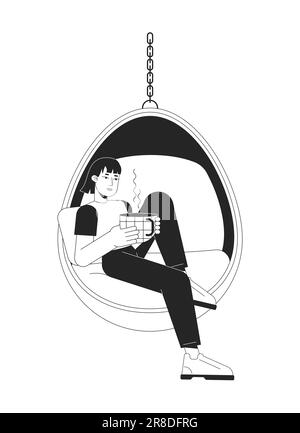 Asian woman with coffee mug in hanging chair flat line black white vector character Stock Vector