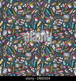 Cute Vector Seamless Pattern With Art Supplies. Colorful Doodle