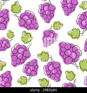 Grape seamless pattern purple. Bunch of grapes with leaves. Stock Vector