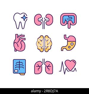 Organs regular checkup pixel perfect RGB color icons set Stock Vector