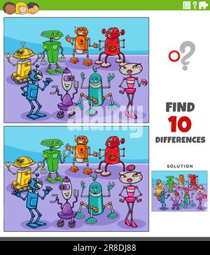 Cartoon illustration of finding the differences between pictures educational activity with robots characters group Stock Vector