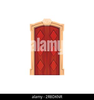 Front door with doorway. Isolated vector elegant vintage red wooden gates with textured rocky doorjamb surface and geometric rhombus pattern. Cartoon closed luxury entrance portal of hotel or house Stock Vector