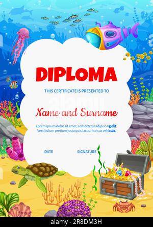 Kids diploma with underwater cartoon sea animal vector background frame ...