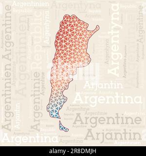 Argentina map design. Country names in different languages and map shape with geometric low poly triangles. Stylish vector illustration of Argentina. Stock Vector