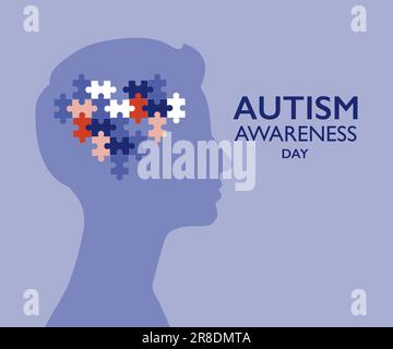 Autism awareness day illustration. Human head profile with heart shaped jigsaw puzzle symbol. Stock Vector