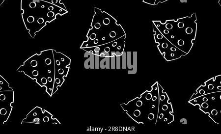 cheese on black background, vector illustration, pattern. an appetizing triangular slice of cheese with holes. seamless illustration, crayon style wal Stock Vector