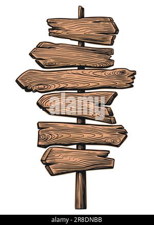 Wooden signpost with arrows pointing in different directions. Blank pointers on road, vector illustration Stock Vector