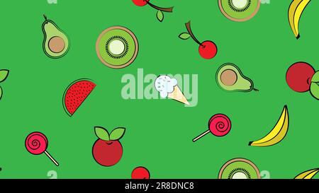 Seamless pattern banana kiwi watermelon avocado delicious sweet fresh beautiful on a green background. The texture is endless. Stock Vector