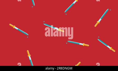 Seamless pattern texture of endless repetitive scientific medicine droppers pipettes for titration, instillation of medication with drops on a red bac Stock Vector