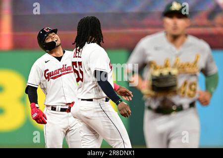 Cleveland Guardians' Josh Naylor looks on during the second inning of a  baseball game against the Miami Marlins, Sunday, April 23, 2023, in  Cleveland. (AP Photo/Nick Cammett Stock Photo - Alamy