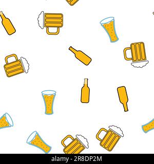 Seamless pattern of simple abstract alcoholic glass glasses of delicious foamy craft beer in glasses and bottles, bar icons on white background. Vecto Stock Vector