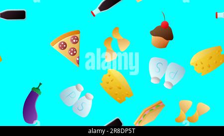 Endless blue seamless pattern of delicious food and snack items icons set for restaurant bar cafe: chips, cheese, eggplant, soda, salt and pepper, cup Stock Vector