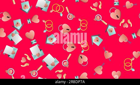 Endless seamless pattern of beautiful festive love joyful tender sets of heart objects with magnifying glasses houses arrows and letters on a red back Stock Vector