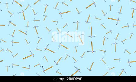 Texture, seamless abstract pattern of construction miner pickaxe with a wooden handle for repair, mining, excavation on a light blue background. Vecto Stock Vector