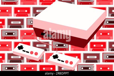 Old white retro vintage antique hipster game console for video games and two joysticks from the 80's, 90's on a background of multi-colored audio cass Stock Vector