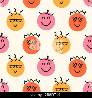 Fun Emoji Icons Seamless Pattern, Emoticon Faces Stock Vector