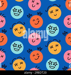 Fun Emoji Icons Seamless Pattern, Emoticon Faces Stock Vector
