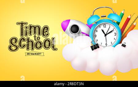 Time to school text vector design. School text with alarm clock and education materials on cloud in yellow background. Vector illustration for back Stock Vector